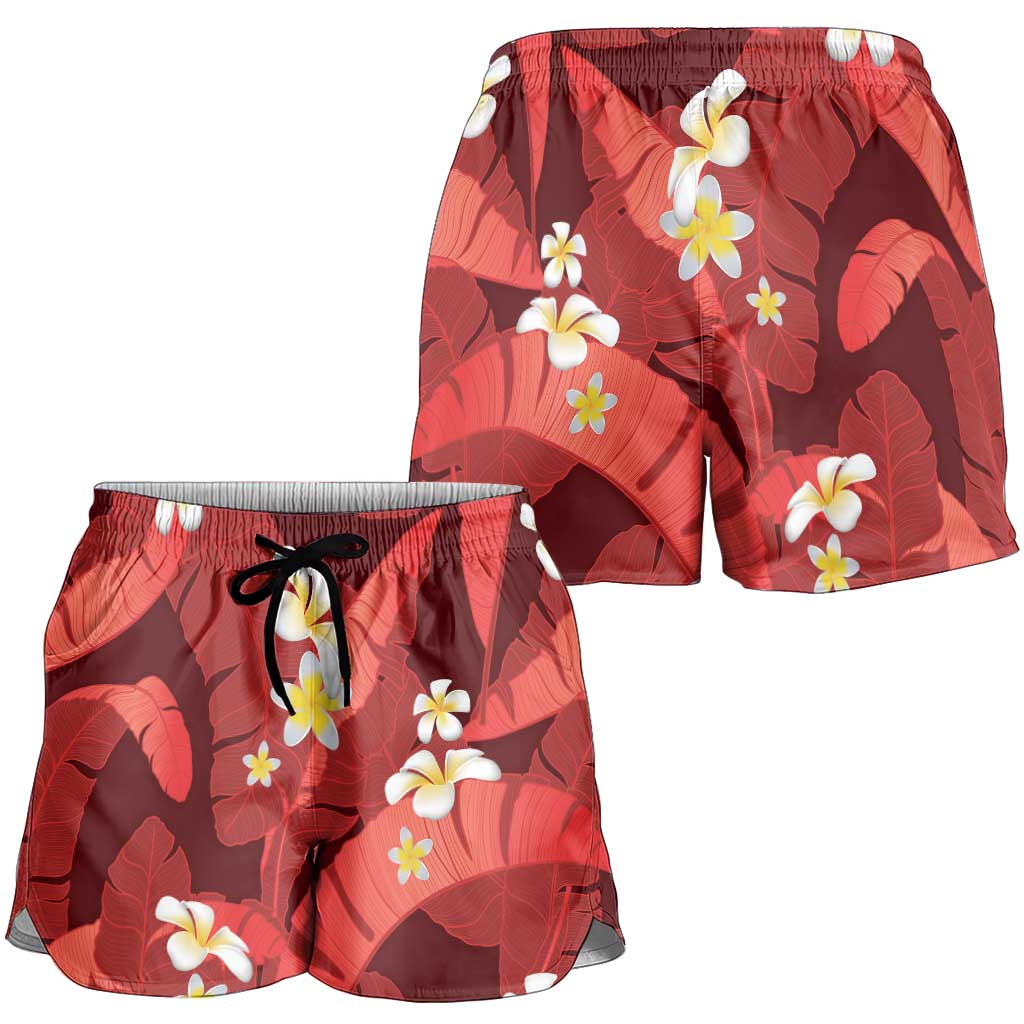 Red Banana Leaf Hawaii Shorts for Women Lau Maia Plumeria Tropical Summer Vibes LT14 - Polynesian Pride