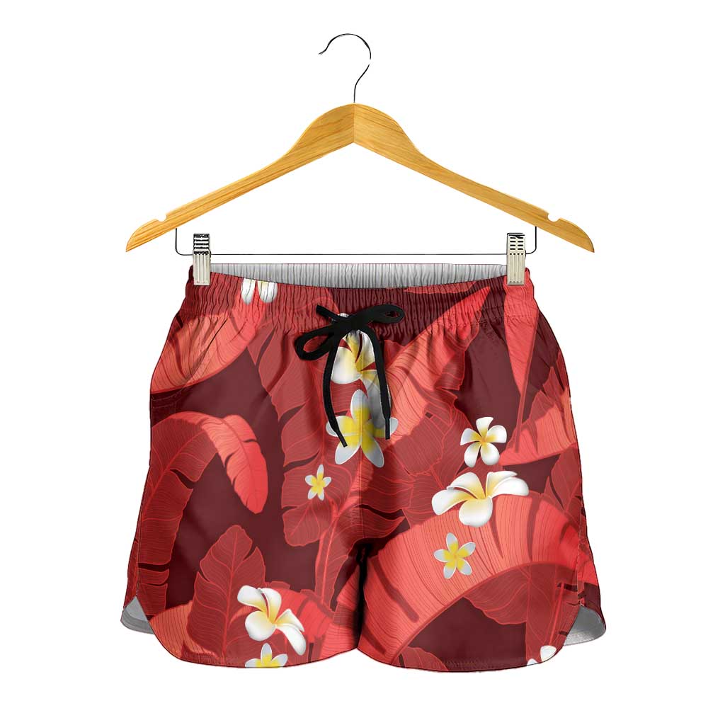 Red Banana Leaf Hawaii Shorts for Women Lau Maia Plumeria Tropical Summer Vibes LT14 - Polynesian Pride