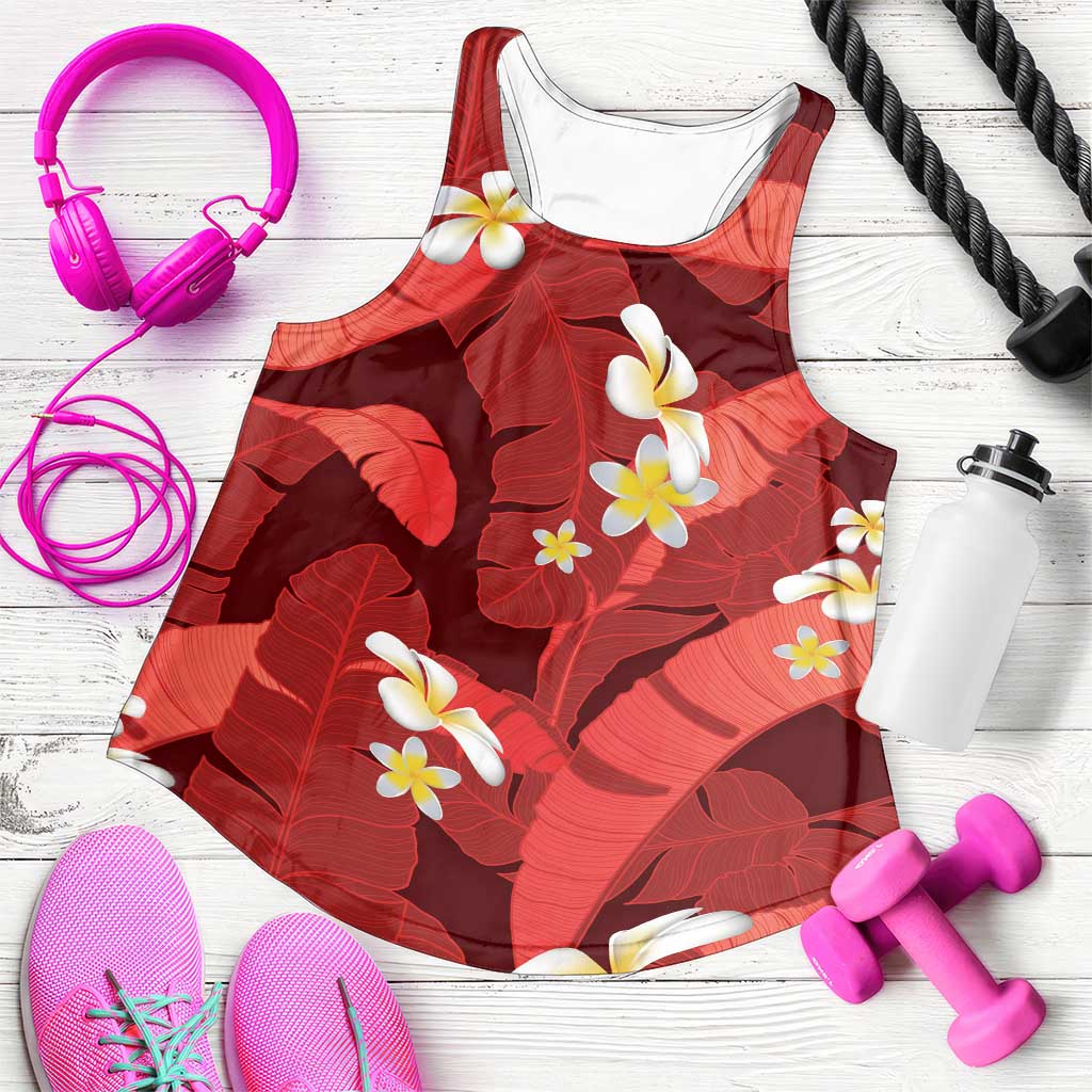 Red Banana Leaf Hawaii Women Racerback Tank Lau Maia Plumeria Tropical Summer Vibes LT14 Red - Polynesian Pride