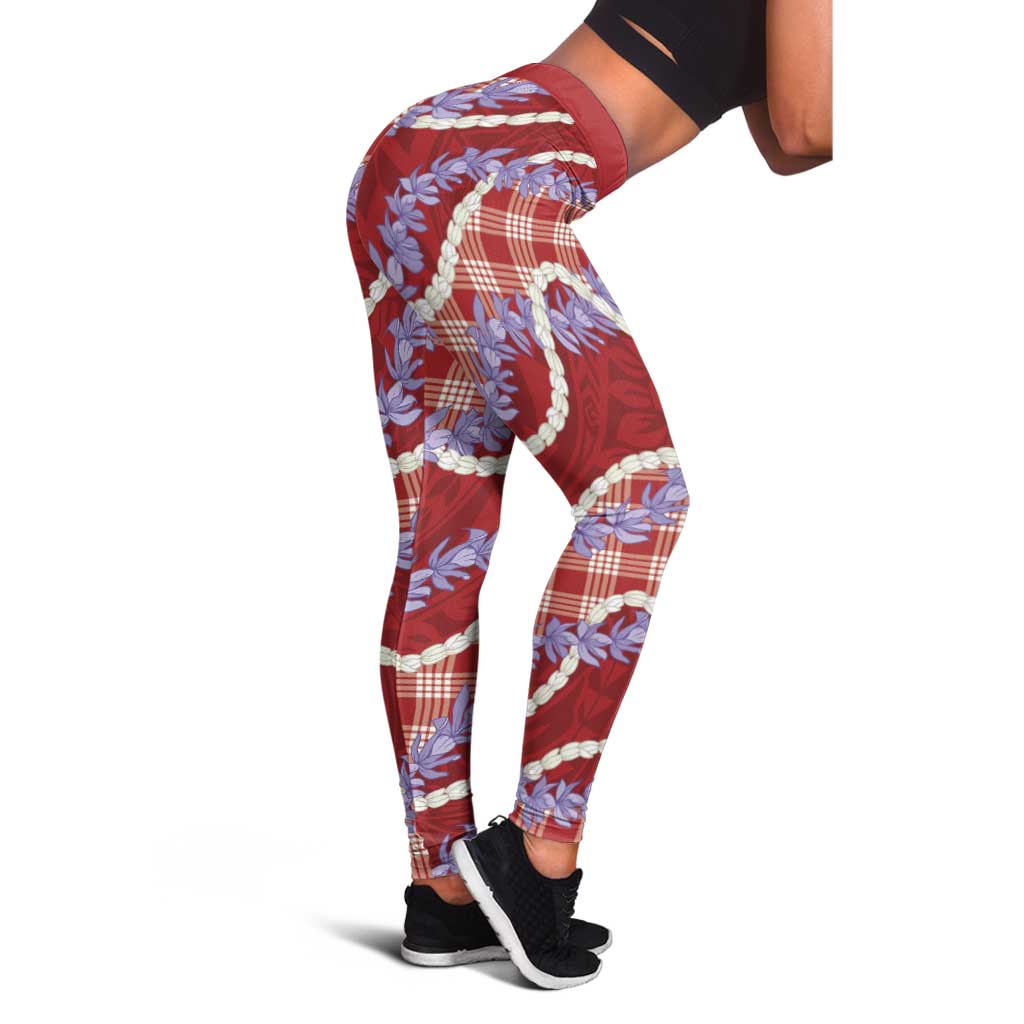 Red Hawaii Palaka Honohono Pikake Leggings Hawaiian Orchid Lei Polynesian Pattern - Polynesian Pride