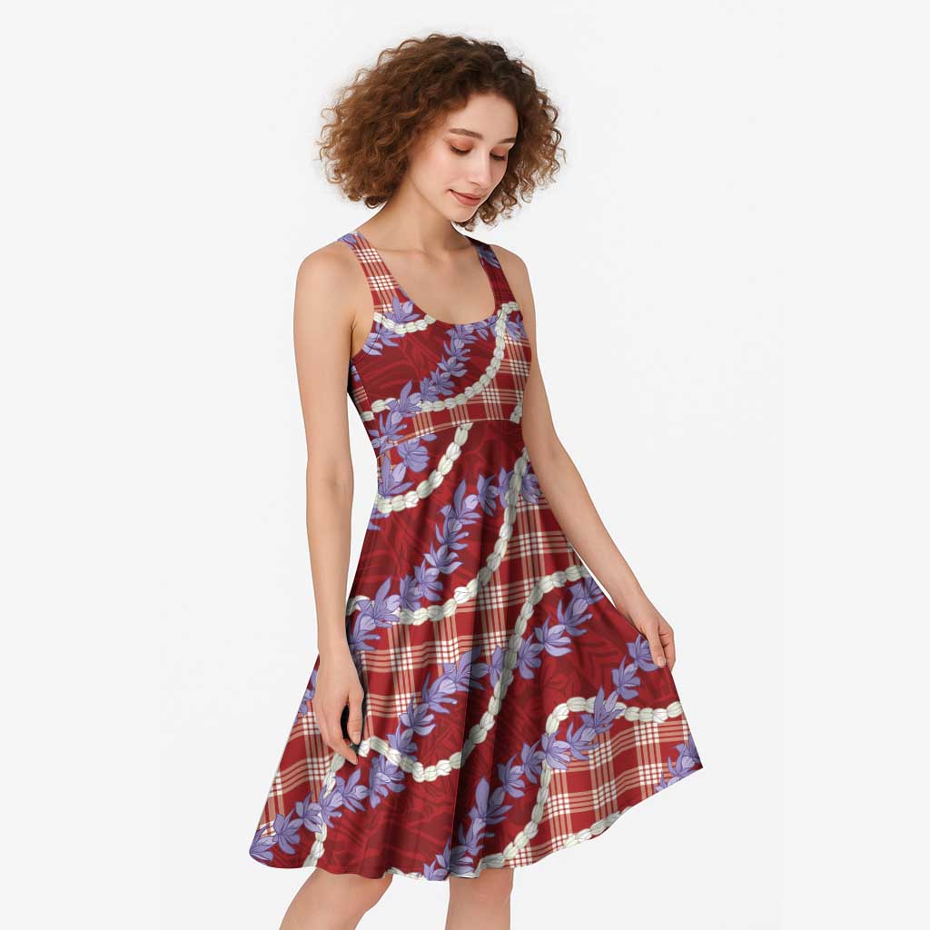 Red Hawaii Palaka Honohono Pikake Midi Dress Hawaiian Orchid Lei Polynesian Pattern - Polynesian Pride