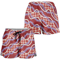 Red Hawaii Palaka Honohono Pikake Shorts for Women Hawaiian Orchid Lei Polynesian Pattern - Polynesian Pride