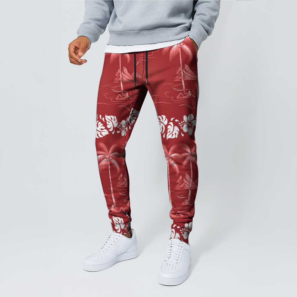 Red Hawaii Palm Tree Hibiscus Jogger Pants Fantasy Summer Vibe LT01 - Polynesian Pride