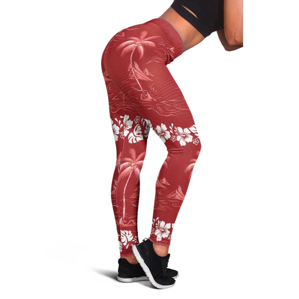 Red Hawaii Palm Tree Hibiscus Leggings Fantasy Summer Vibe LT01 - Polynesian Pride