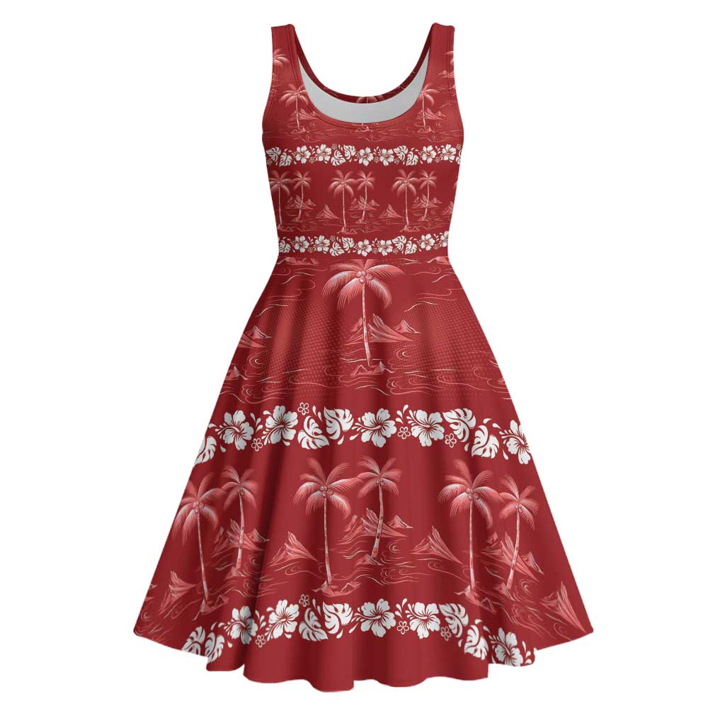 Red Hawaii Palm Tree Hibiscus Midi Dress Fantasy Summer Vibe LT01 Red - Polynesian Pride