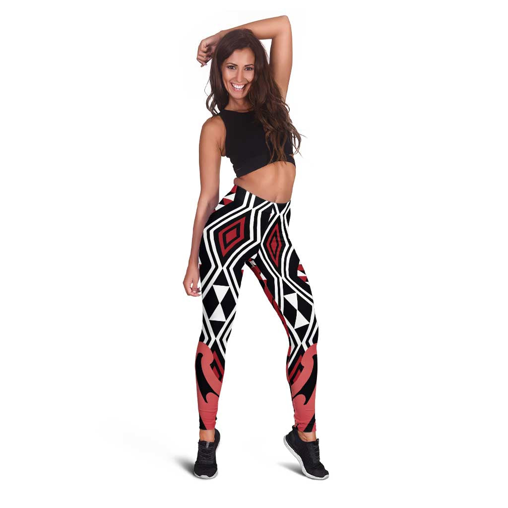 Red New Zealand Leggings Aotearoa Kowhaiwhai Mix Taniko Art LT14