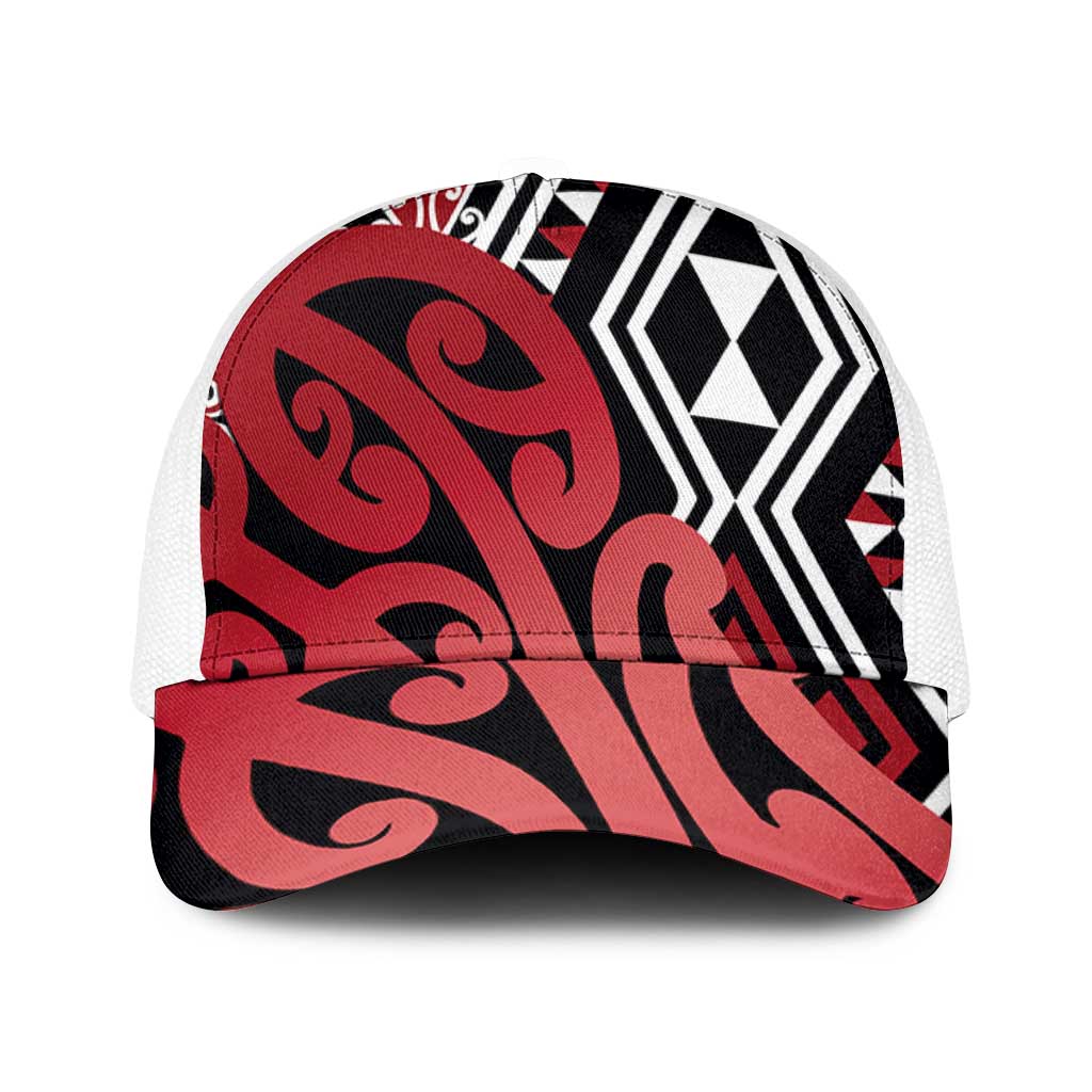 Red New Zealand Mesh Trucker Cap Aotearoa Kowhaiwhai Mix Taniko Art - Polynesian Pride