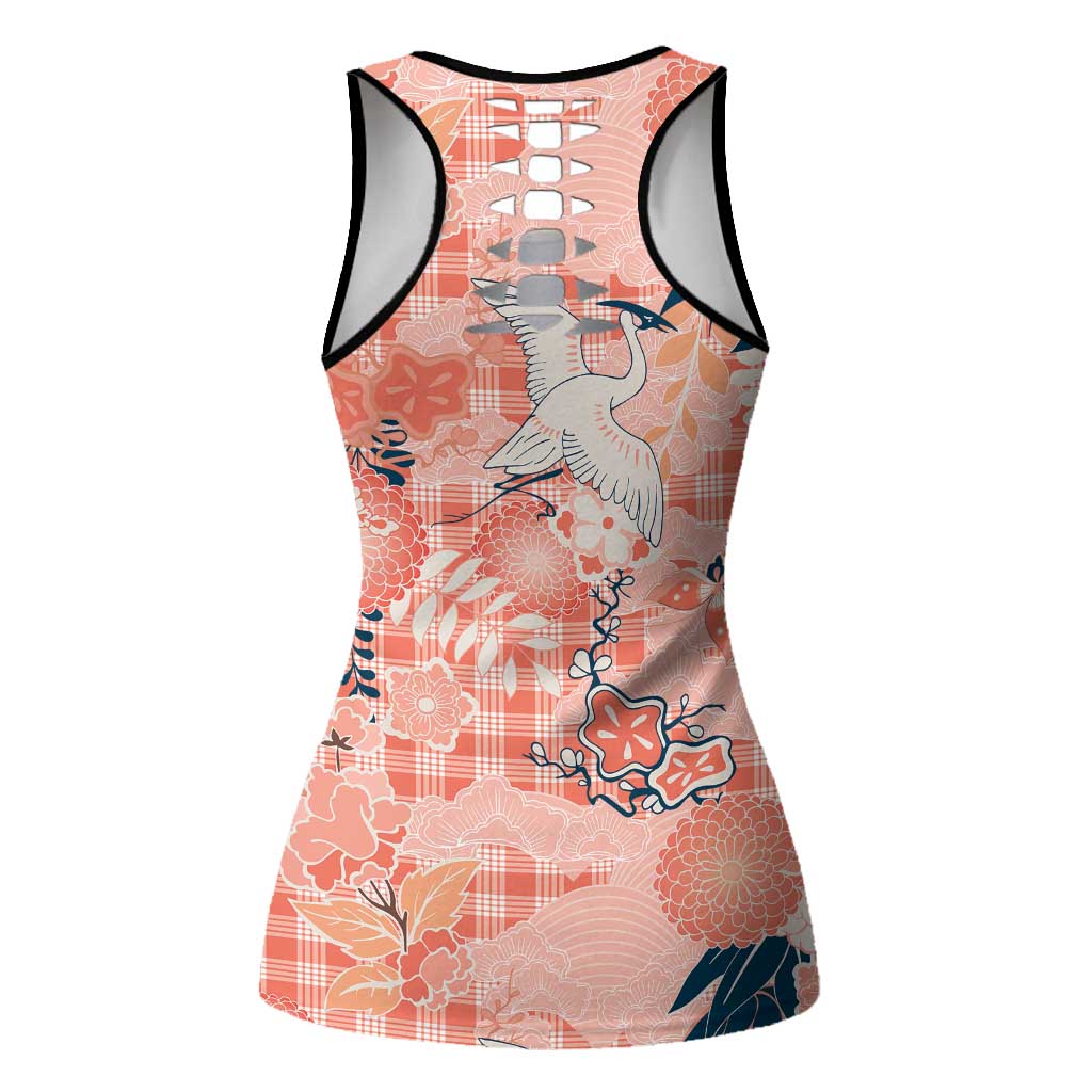 Red Palaka Crane and Flowers Hollow Tank Top Japan Heritage Spirit - Polynesian Pride