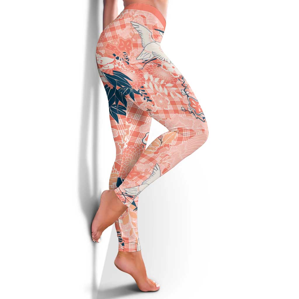 Red Palaka Crane and Flowers Leggings Japan Heritage Spirit - Polynesian Pride