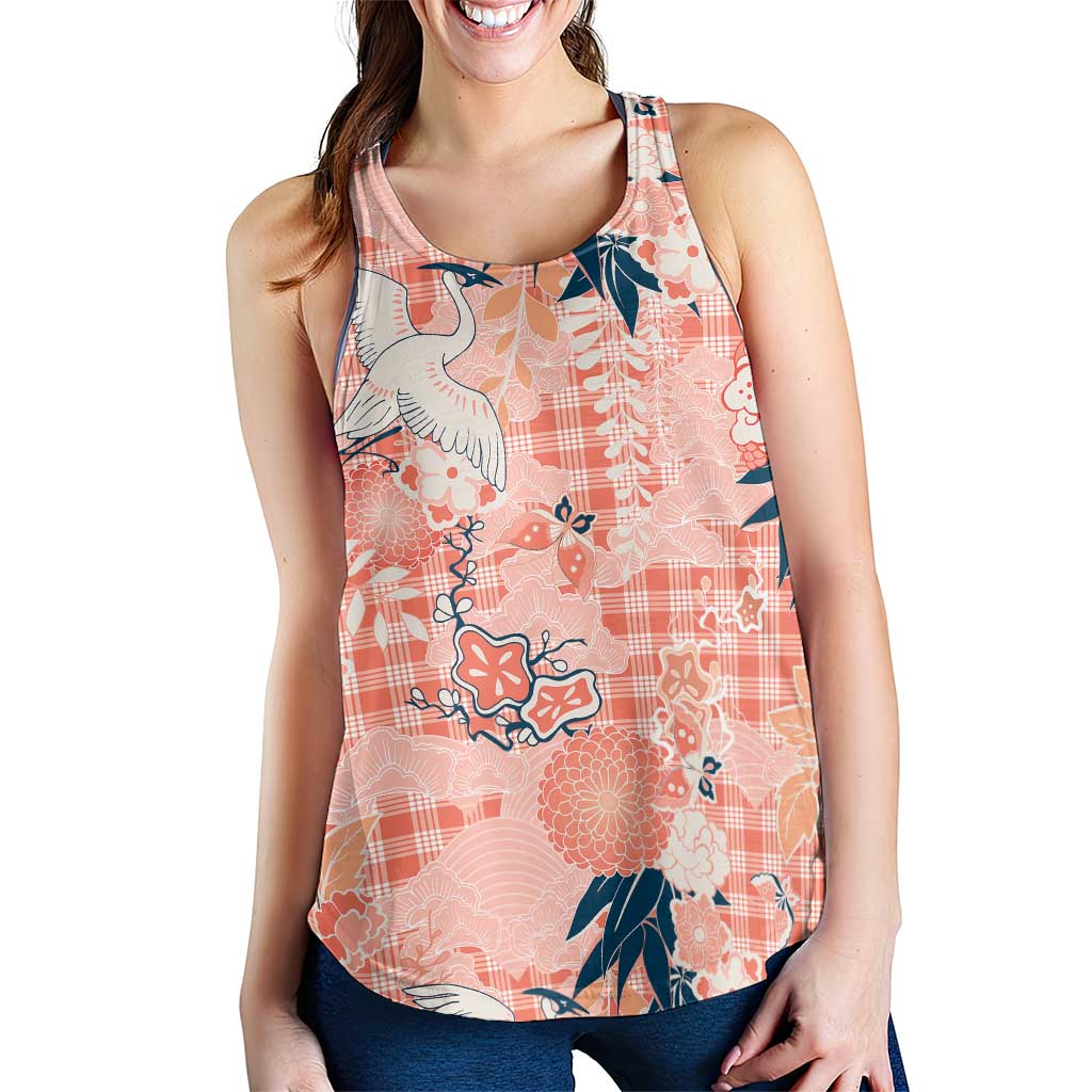 Red Palaka Crane and Flowers Women Racerback Tank Japan Heritage Spirit - Polynesian Pride