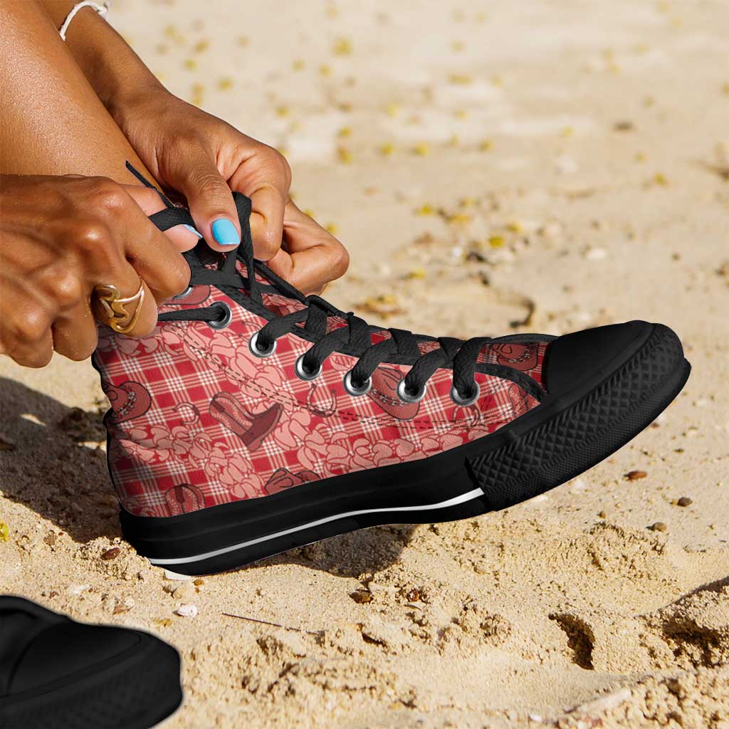 Red Palaka Hawaii Cowboy High Top Shoes Puakenikeni Lei Paniolo Papale Seamless Vibes - Polynesian Pride