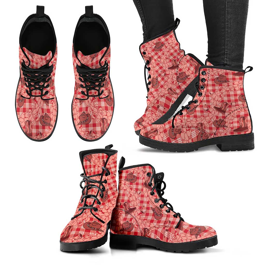 Red Palaka Hawaii Cowboy Leather Boots Puakenikeni Lei Paniolo Papale Seamless Vibes LT14 - Polynesian Pride