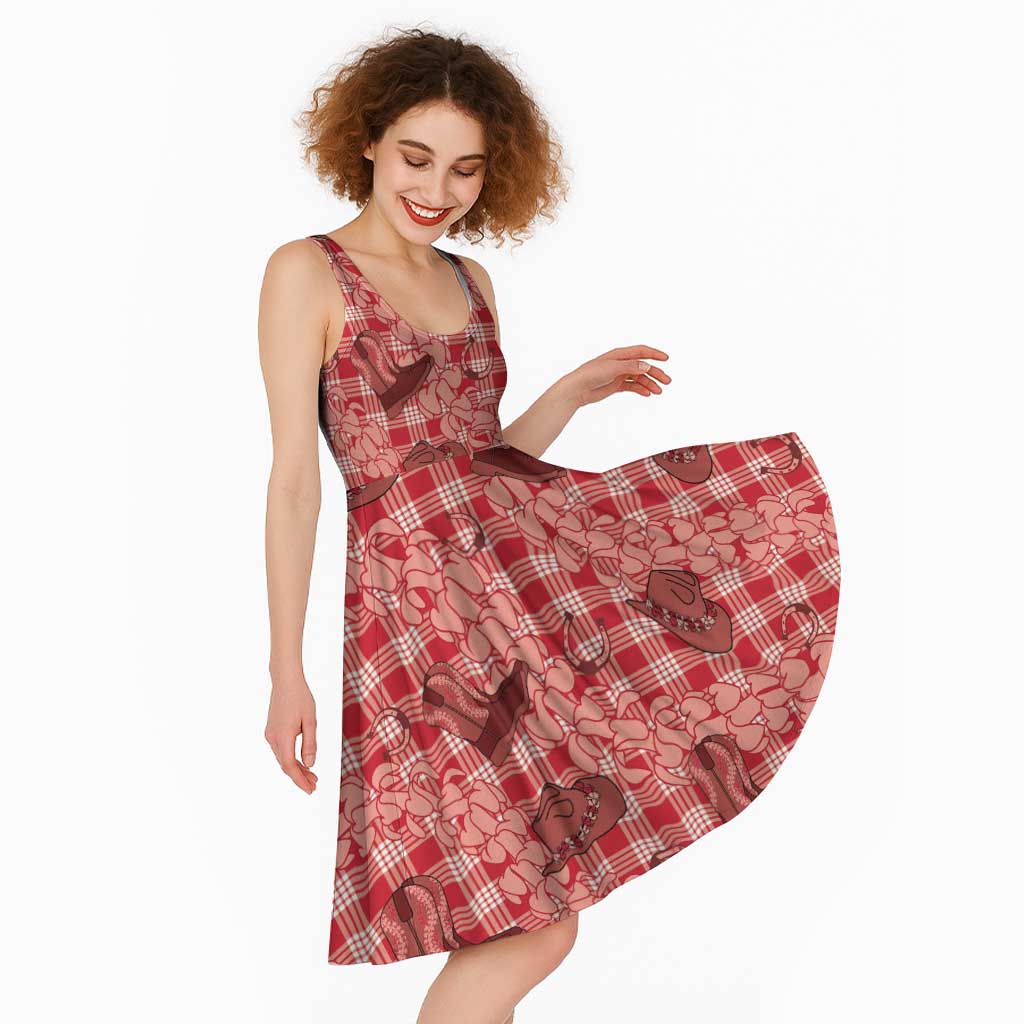 Red Palaka Hawaii Cowboy Midi Dress Puakenikeni Lei Paniolo Papale Seamless Vibes - Polynesian Pride