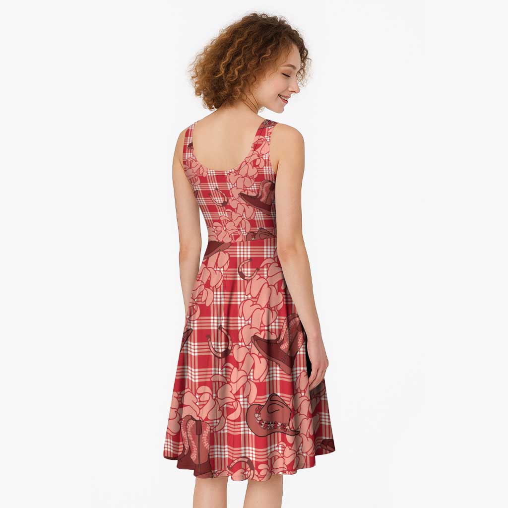 Red Palaka Hawaii Cowboy Midi Dress Puakenikeni Lei Paniolo Papale Seamless Vibes - Polynesian Pride