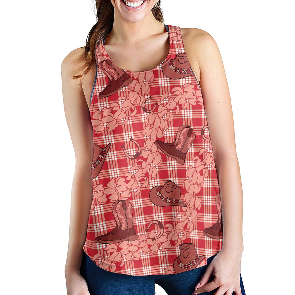 Red Palaka Hawaii Cowboy Women Racerback Tank Puakenikeni Lei Paniolo Papale Seamless Vibes - Polynesian Pride