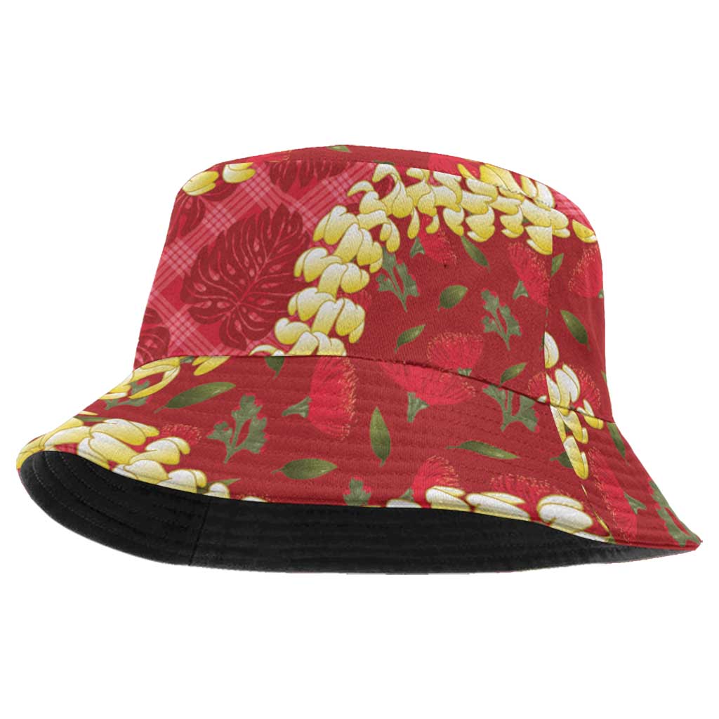Red Palaka Hawaii Mele Kalikimaka Bucket Hat Ohia Lehua Monstera Puakenikeni Lei - Polynesian Pride