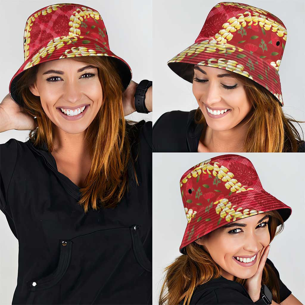 Red Palaka Hawaii Mele Kalikimaka Bucket Hat Ohia Lehua Monstera Puakenikeni Lei - Polynesian Pride