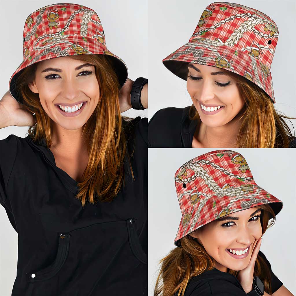 Red Palaka Hawaii Mele Kalikimaka Bucket Hat Ohia Lehua Shell Leis Funny Gingerbread Santa - Polynesian Pride