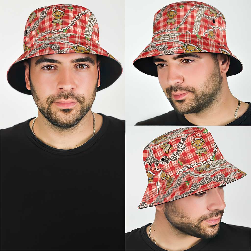Red Palaka Hawaii Mele Kalikimaka Bucket Hat Ohia Lehua Shell Leis Funny Gingerbread Santa - Polynesian Pride