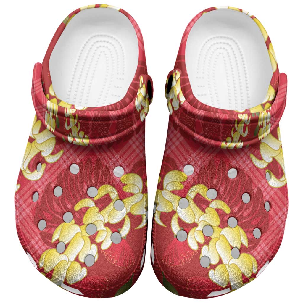 Red Palaka Hawaii Mele Kalikimaka Clogs Shoes Ohia Lehua Monstera Puakenikeni Lei - Polynesian Pride