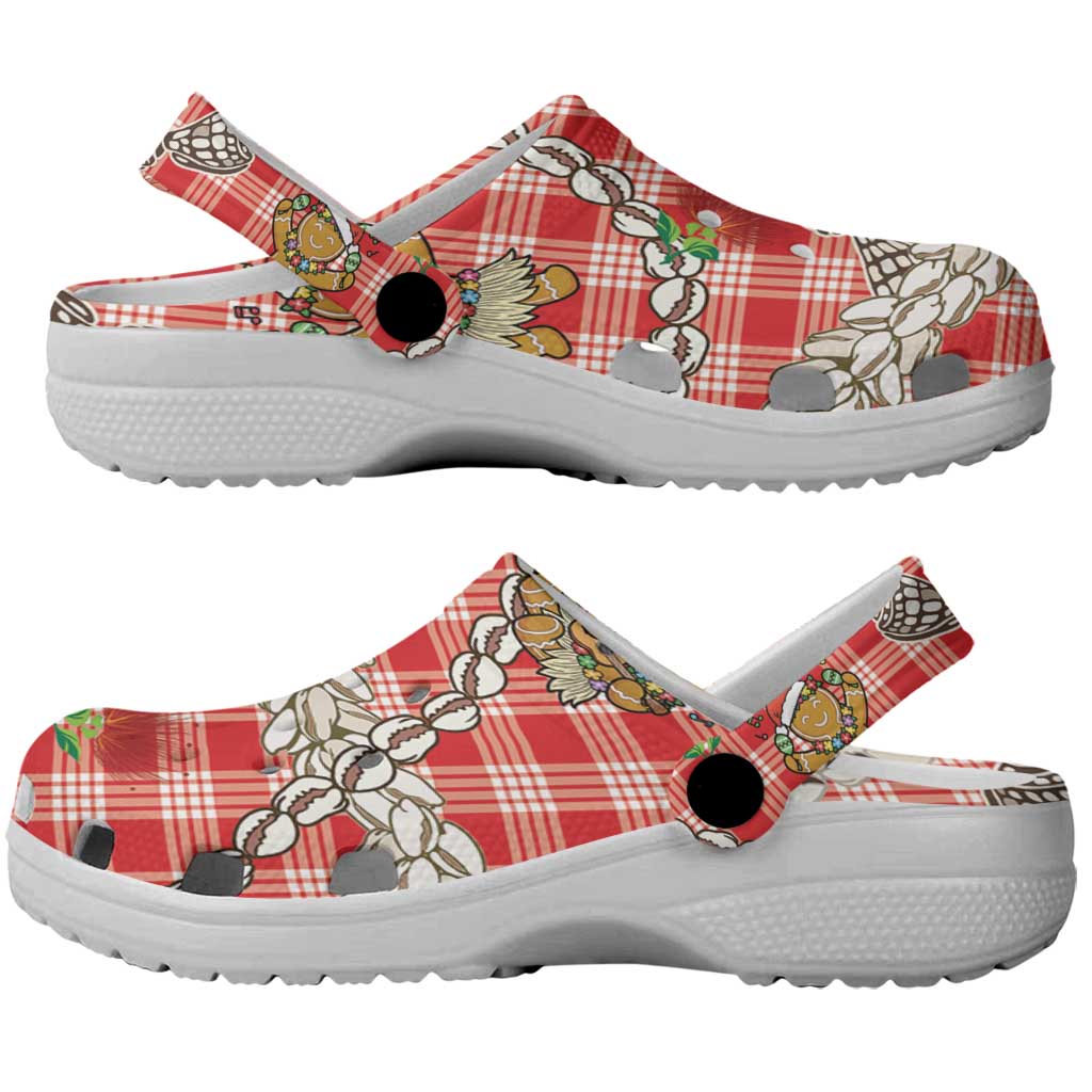 Red Palaka Hawaii Mele Kalikimaka Clogs Shoes Ohia Lehua Shell Leis Funny Gingerbread Santa - Polynesian Pride