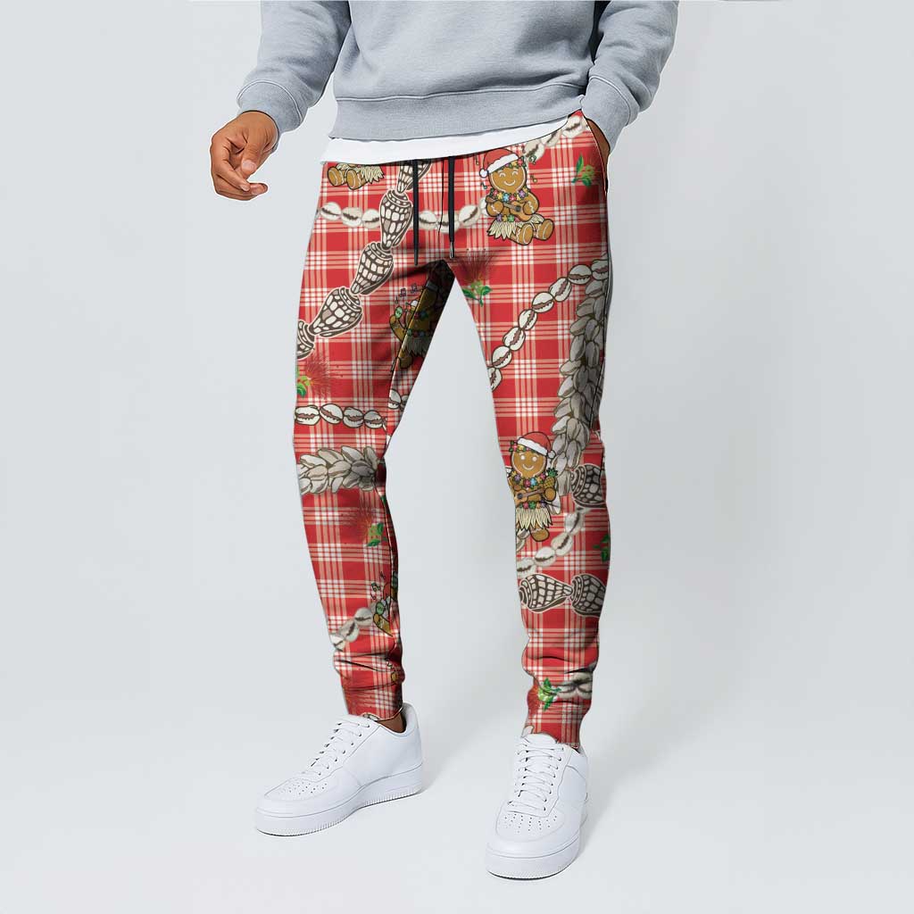 Red Palaka Hawaii Mele Kalikimaka Jogger Pants Ohia Lehua Shell Leis Funny Gingerbread Santa - Polynesian Pride