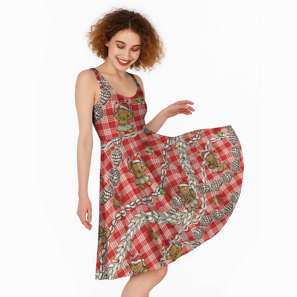 Red Palaka Hawaii Mele Kalikimaka Midi Dress Ohia Lehua Shell Leis Funny Gingerbread Santa - Polynesian Pride