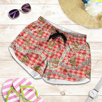 Red Palaka Hawaii Mele Kalikimaka Shorts for Women Ohia Lehua Shell Leis Funny Gingerbread Santa - Polynesian Pride