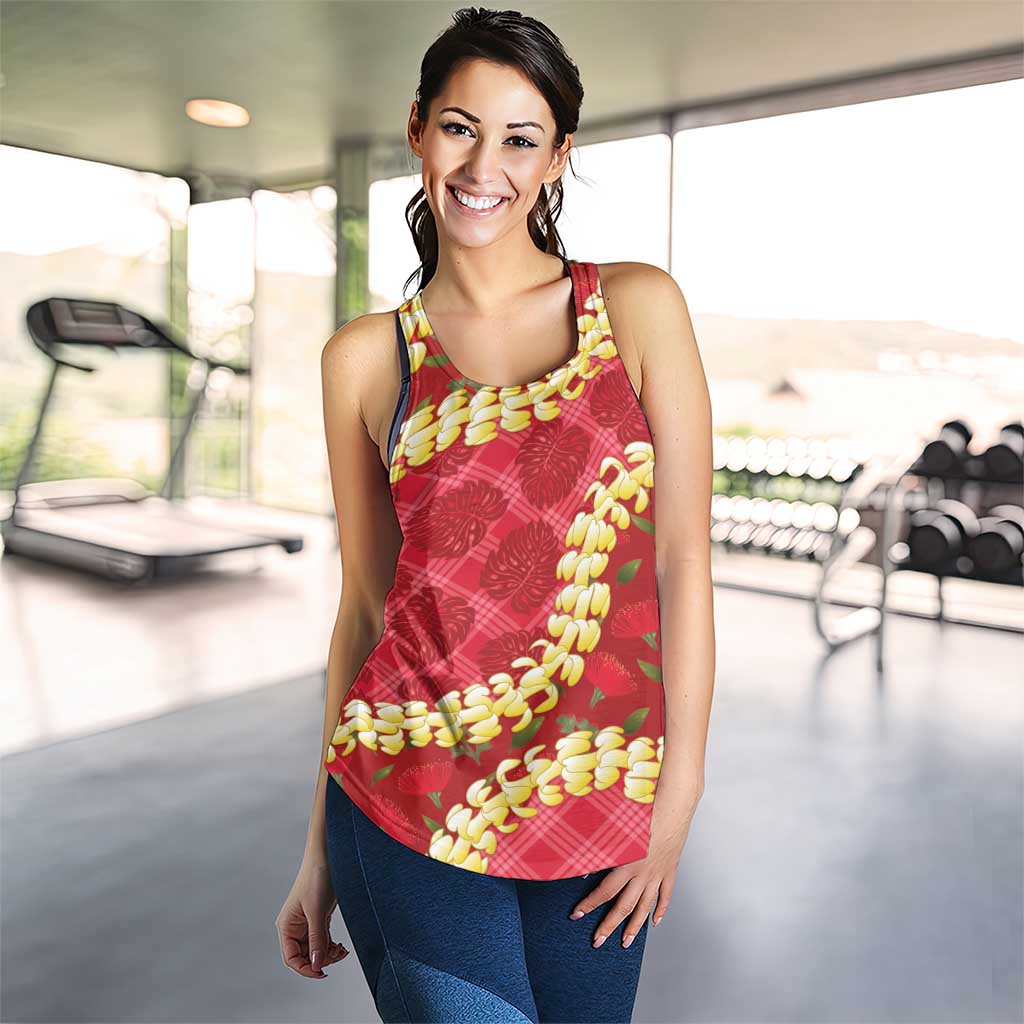 Red Palaka Hawaii Mele Kalikimaka Women Racerback Tank Ohia Lehua Monstera Puakenikeni Lei LT14 - Polynesian Pride