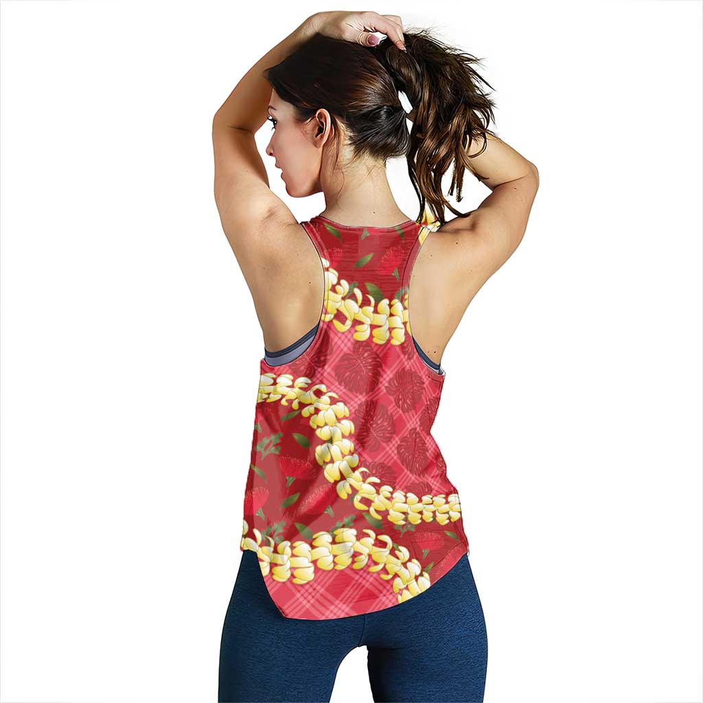 Red Palaka Hawaii Mele Kalikimaka Women Racerback Tank Ohia Lehua Monstera Puakenikeni Lei LT14 - Polynesian Pride