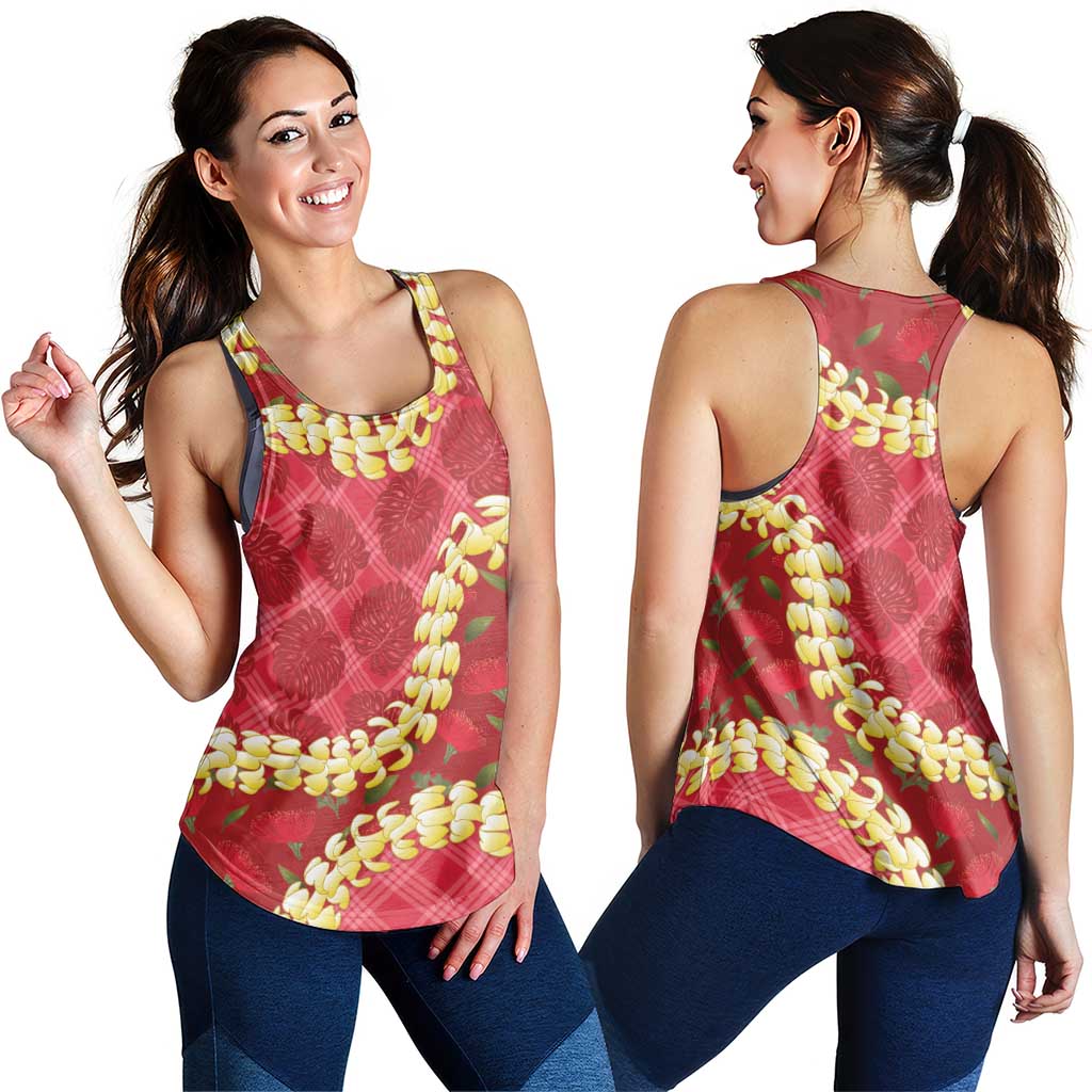 Red Palaka Hawaii Mele Kalikimaka Women Racerback Tank Ohia Lehua Monstera Puakenikeni Lei LT14 - Polynesian Pride