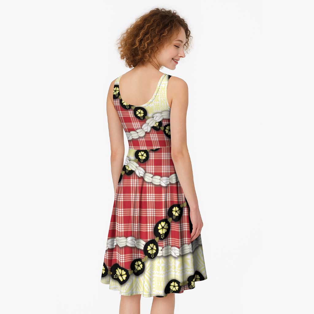 Red Palaka Hawaii Midi Dress Kukui Nut Pikake Lei Hawaiian Tapa Pattern - Polynesian Pride