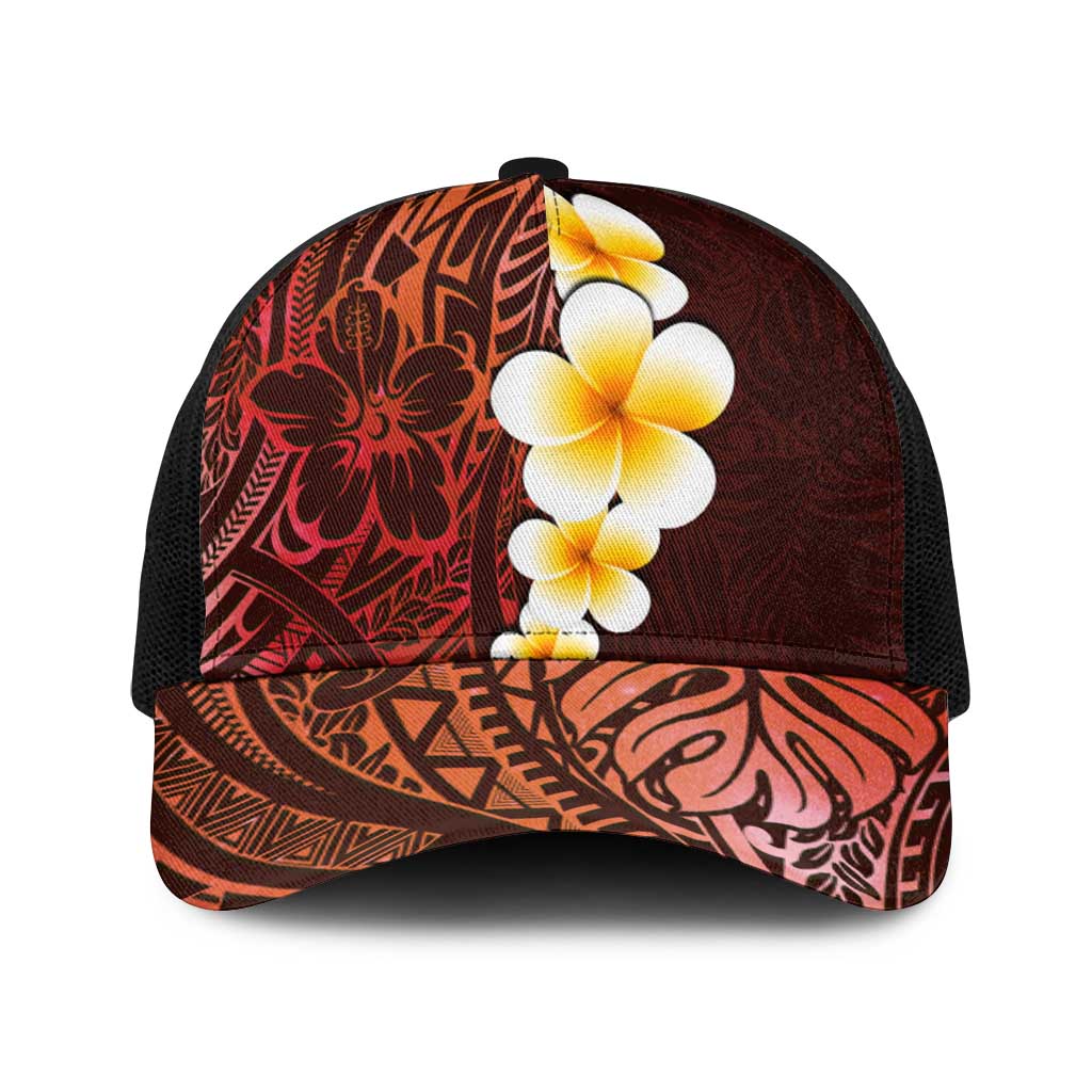 Red Polynesia Baseball Net Cap Plumeria Tropical Leaves With Galaxy Polynesian Art - Polynesian Pride