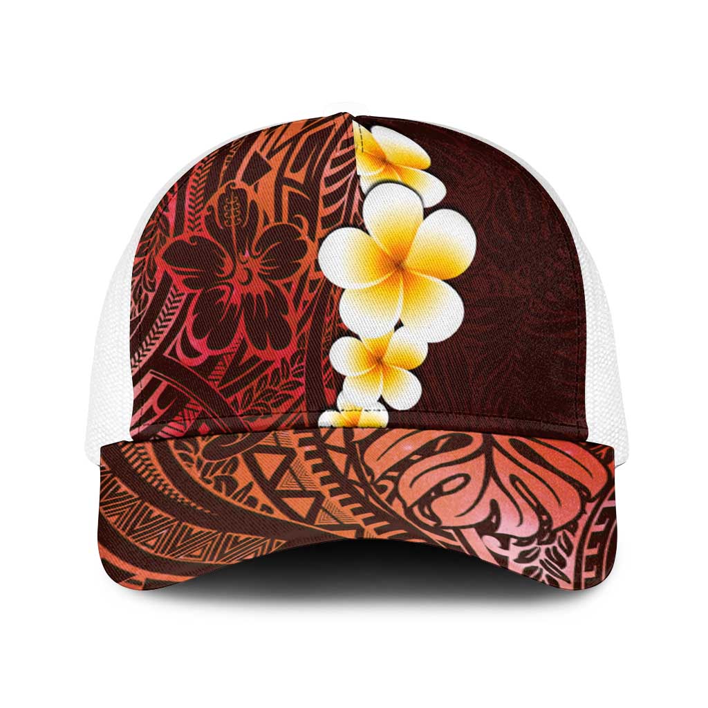 Red Polynesia Baseball Net Cap Plumeria Tropical Leaves With Galaxy Polynesian Art - Polynesian Pride