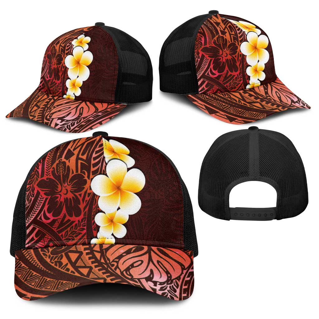 Red Polynesia Baseball Net Cap Plumeria Tropical Leaves With Galaxy Polynesian Art - Polynesian Pride