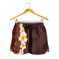Red Polynesia Shorts for Women Plumeria Tropical Leaves With Galaxy Polynesian Art - Polynesian Pride