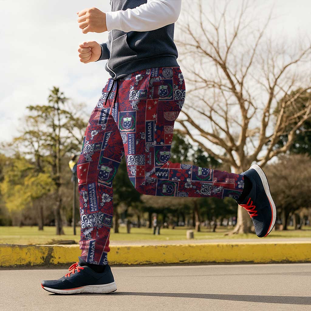 Red Samoa Manuia Le Kerisimasi Jogger Pants Pacific Patchwork Xmas Vibes - Polynesian Pride