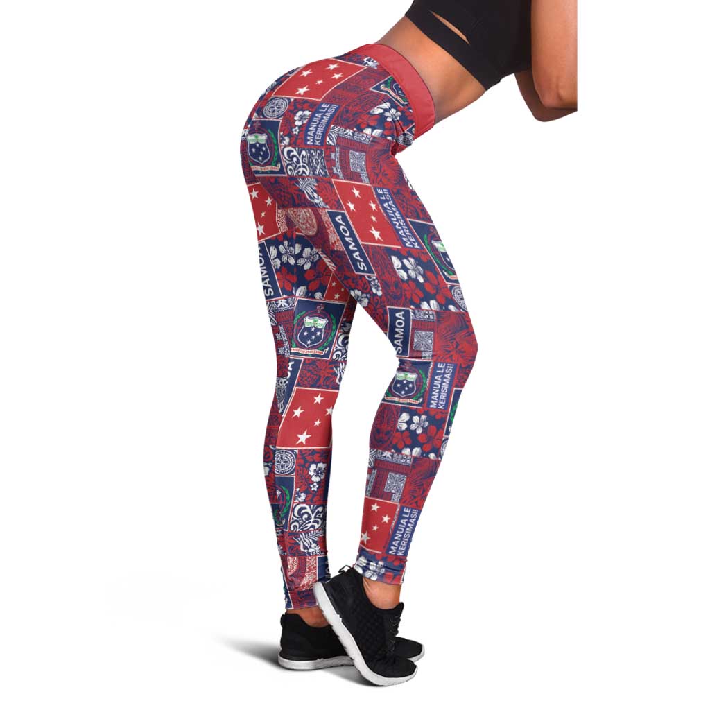 Red Samoa Manuia Le Kerisimasi Leggings Pacific Patchwork Xmas Vibes - Polynesian Pride