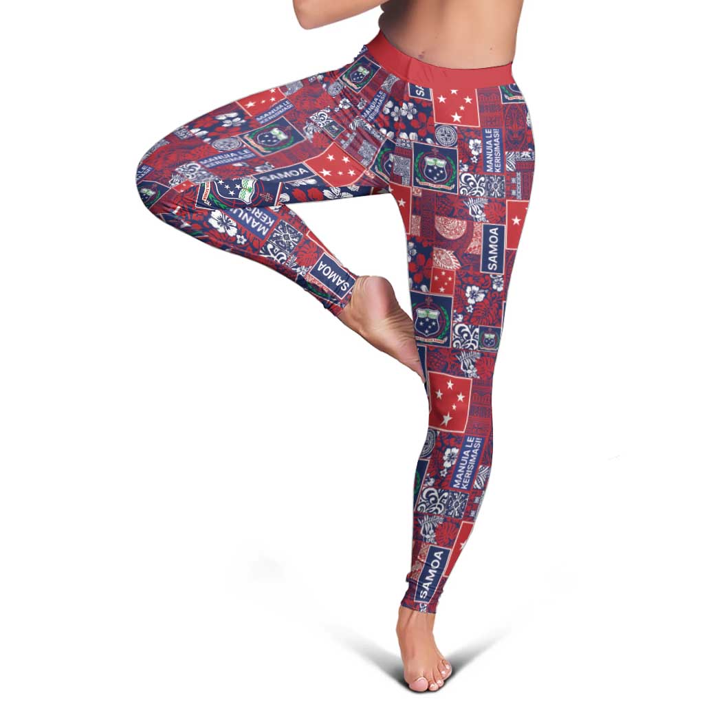 Red Samoa Manuia Le Kerisimasi Leggings Pacific Patchwork Xmas Vibes - Polynesian Pride