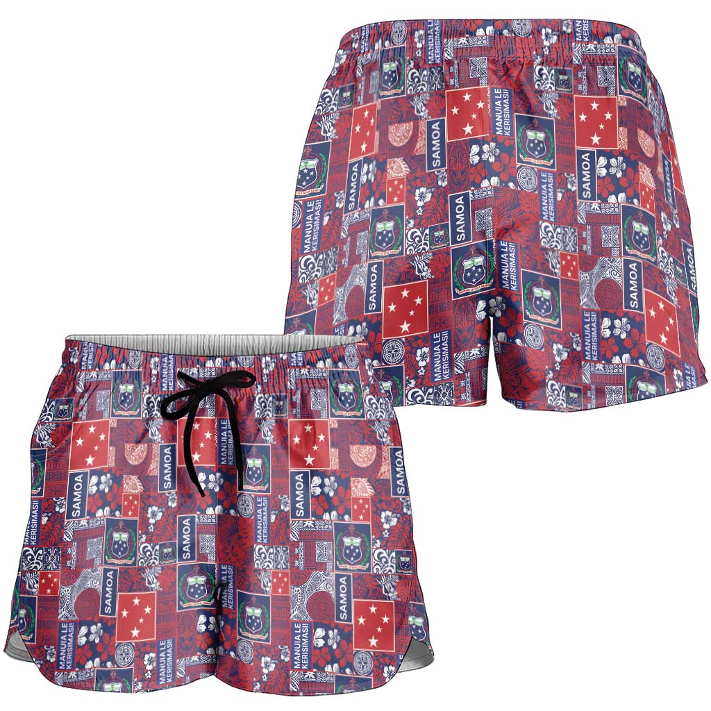 Red Samoa Manuia Le Kerisimasi Shorts for Women Pacific Patchwork Xmas Vibes - Polynesian Pride