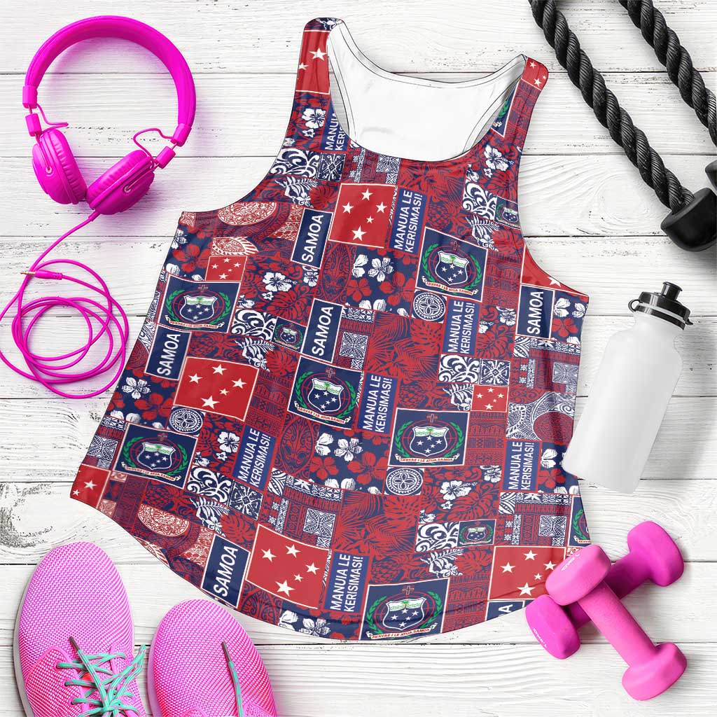 Red Samoa Manuia Le Kerisimasi Women Racerback Tank Pacific Patchwork Xmas Vibes - Polynesian Pride