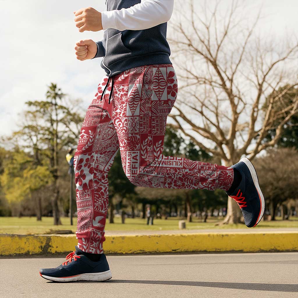 Red Tonga Kilisimasi Fiefia Jogger Pants Pacific Patchwork Xmas Vibes - Polynesian Pride