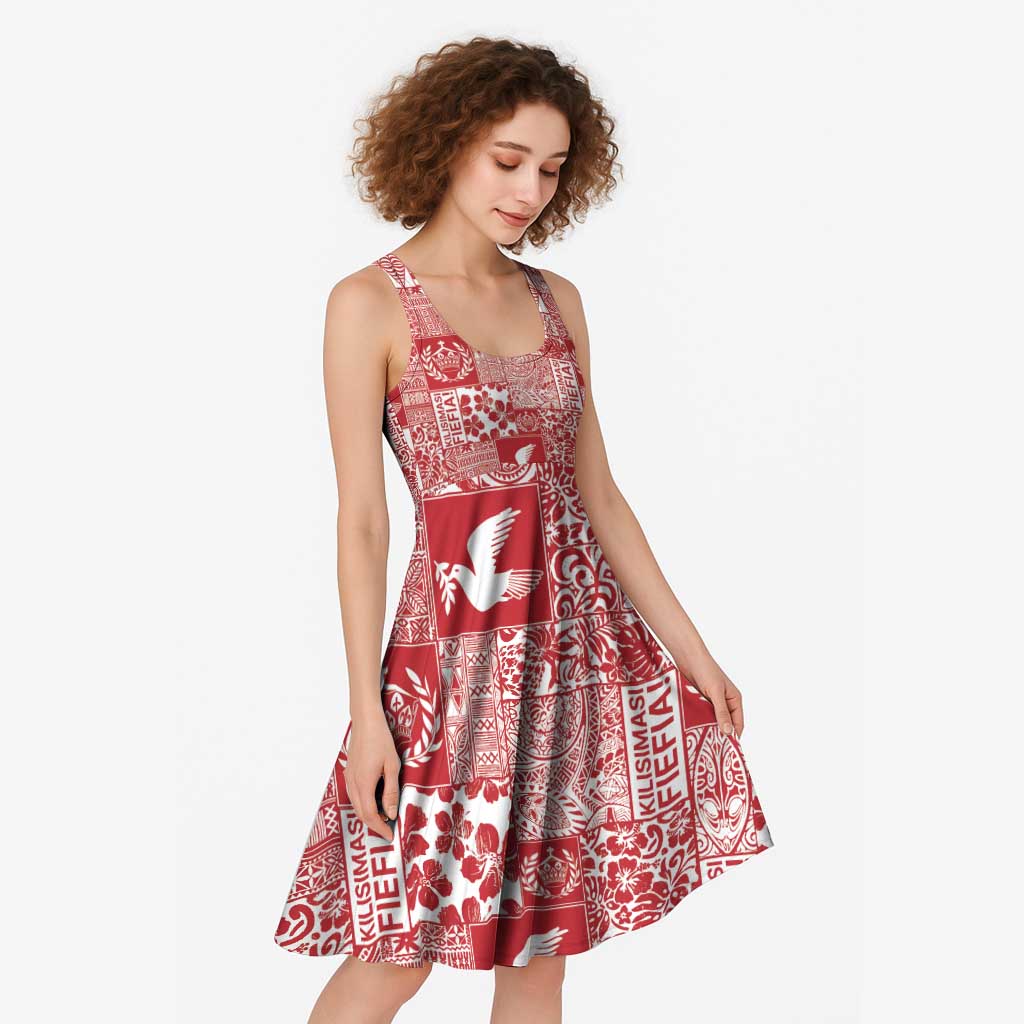 Red Tonga Kilisimasi Fiefia Midi Dress Pacific Patchwork Xmas Vibes - Polynesian Pride