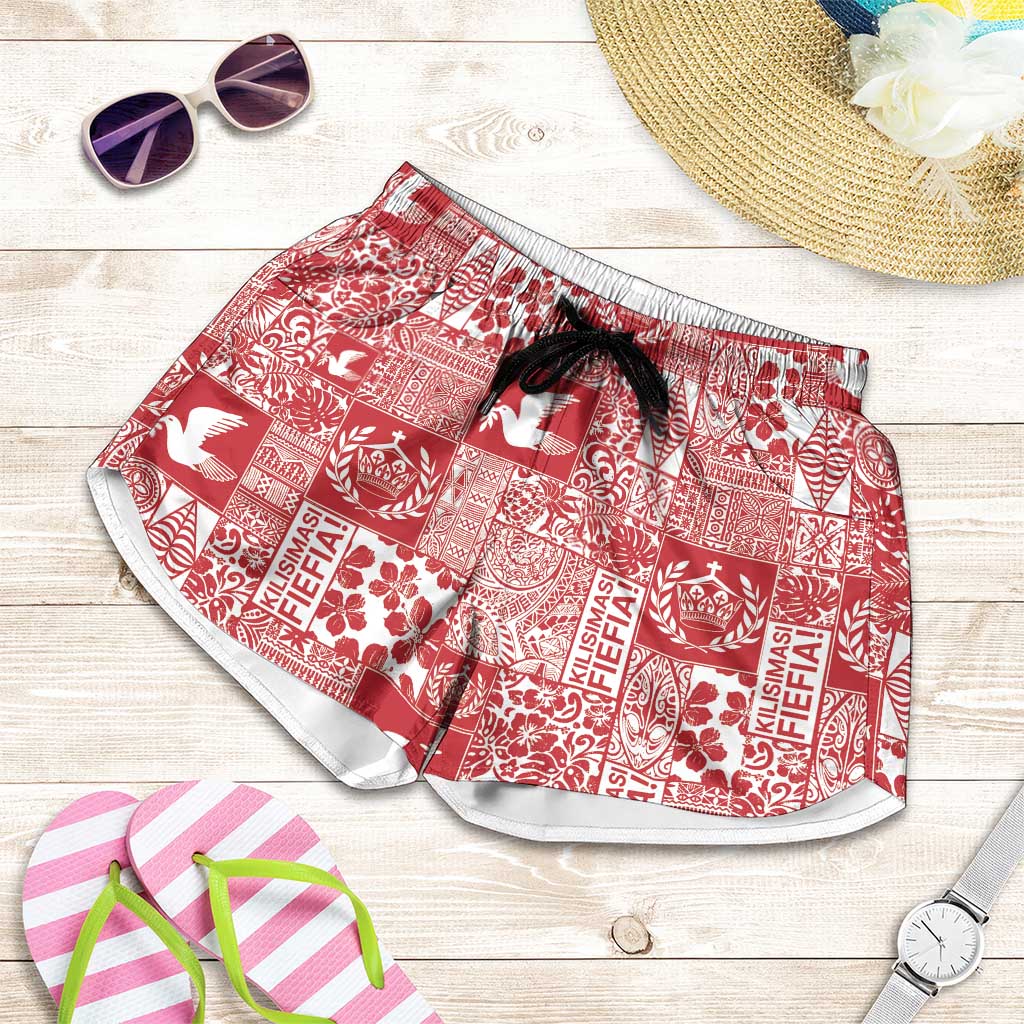 Red Tonga Kilisimasi Fiefia Shorts for Women Pacific Patchwork Xmas Vibes LT9 Red - Polynesian Pride