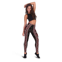 Red Tukutuku Pattern Aotearoa Leggings Niho Taniwha and Puhoro Motifs LT7