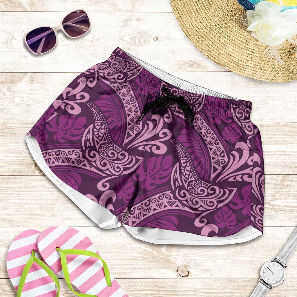Royal Purple Monstera Shorts for Women Polynesian Tribal Pattern LT01 Purple - Polynesian Pride