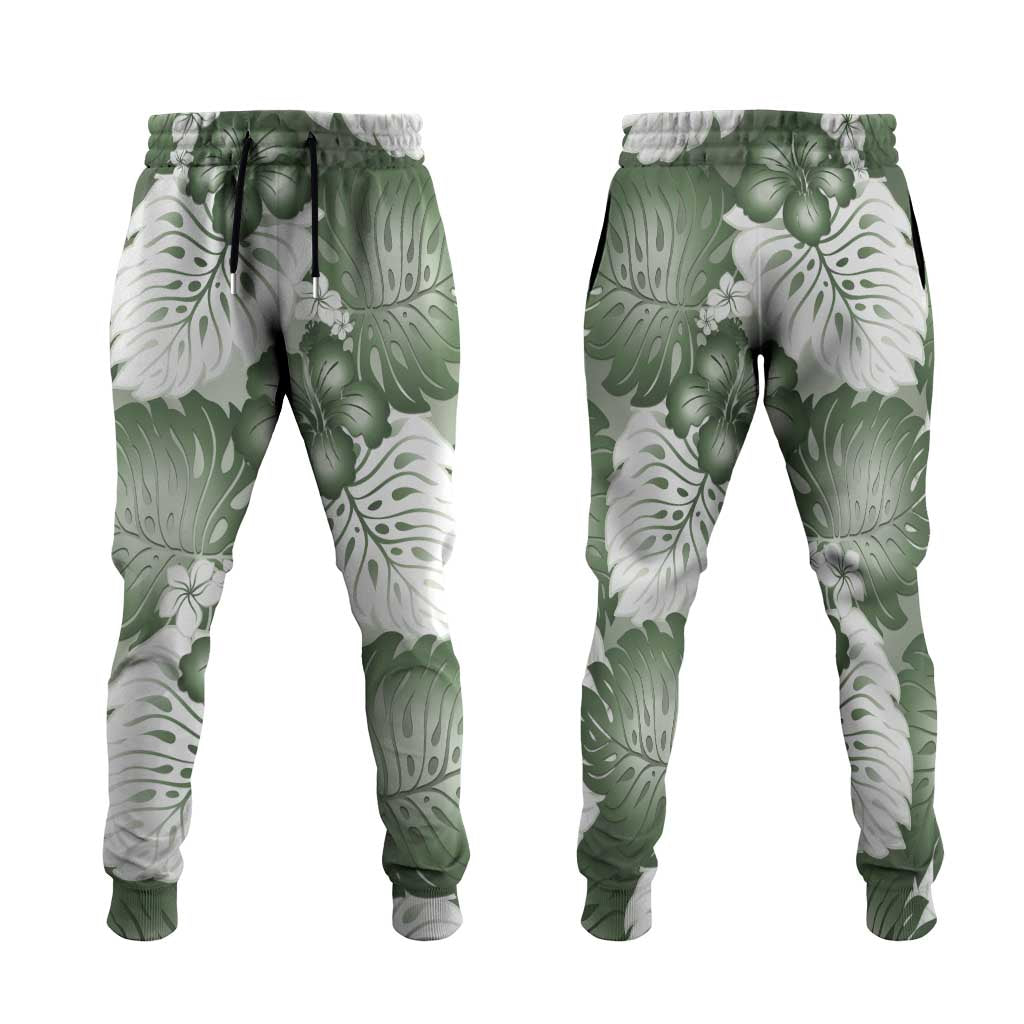 Sage Green Aloha Hawaii Jogger Pants Monstera Hibiscus Plumeria Seamless Vibes - Polynesian Pride