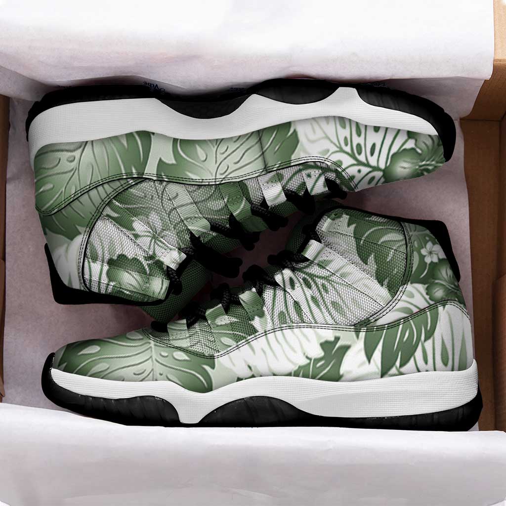 Sage Green Aloha Hawaii Sneakers J11 Monstera Hibiscus Plumeria Seamless Vibes LT14 - Polynesian Pride