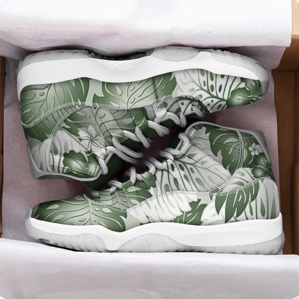 Sage Green Aloha Hawaii Sneakers J11 Monstera Hibiscus Plumeria Seamless Vibes LT14 - Polynesian Pride