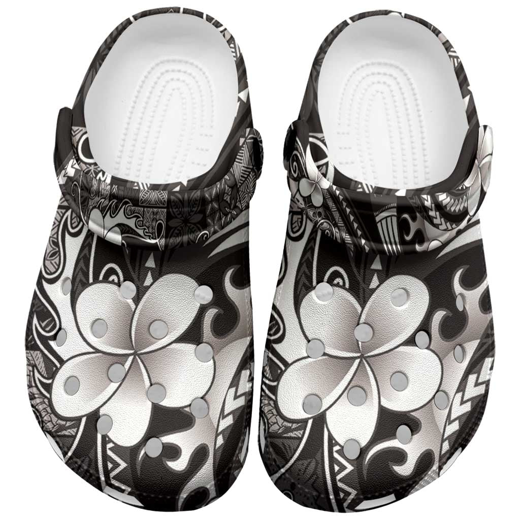 Samoa Siapo Tribal Pattern Clogs Shoes Black Polynesian Plumeria Tapa Motif